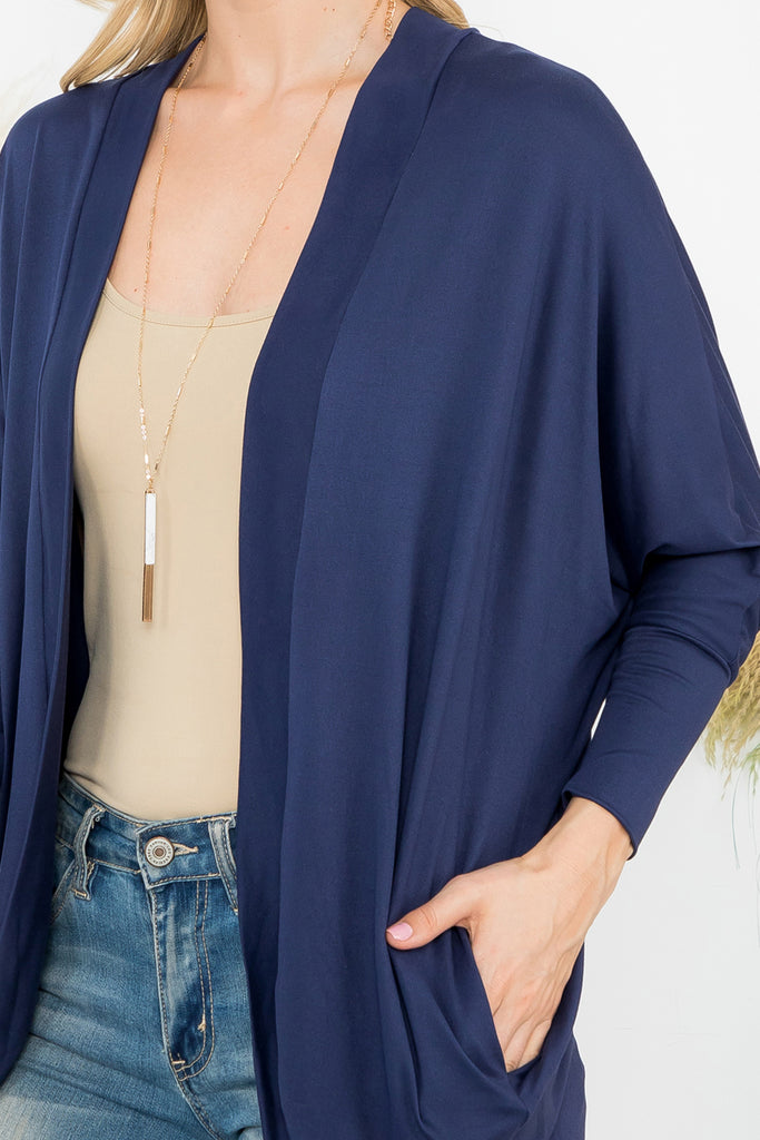 Solid Dolman Sleeve Open Cardigan with Side Pocket