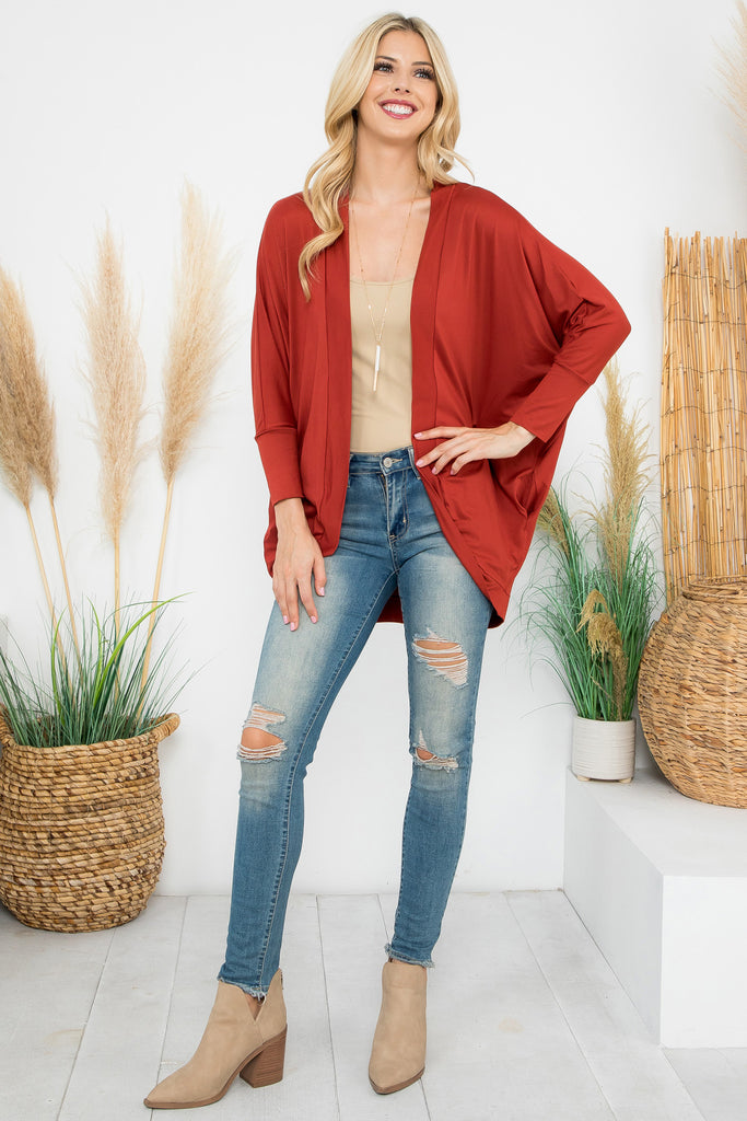 Solid Dolman Sleeve Open Cardigan with Side Pocket