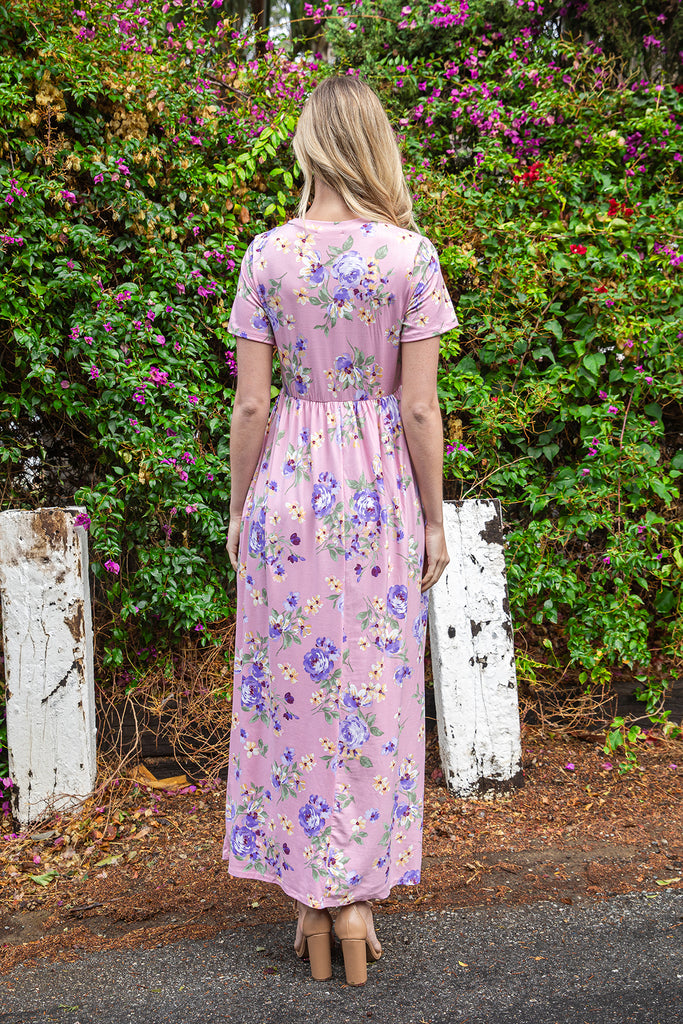 SHORT SLEEVE FLORAL ELASTIC WAIST MAXI DRESS