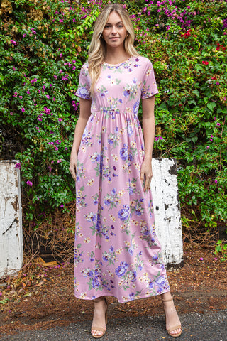 QUARTER PUFF SLEEVE V-NECK FLORAL MAXI DRESS