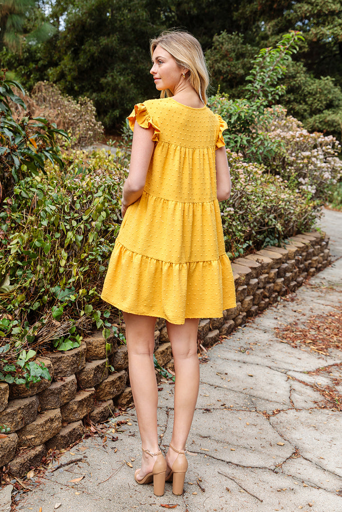 SWISS DOT RUFFLE SLEEVE TIERED DRESS