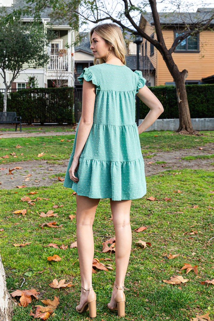 SWISS DOT RUFFLE SLEEVE TIERED DRESS