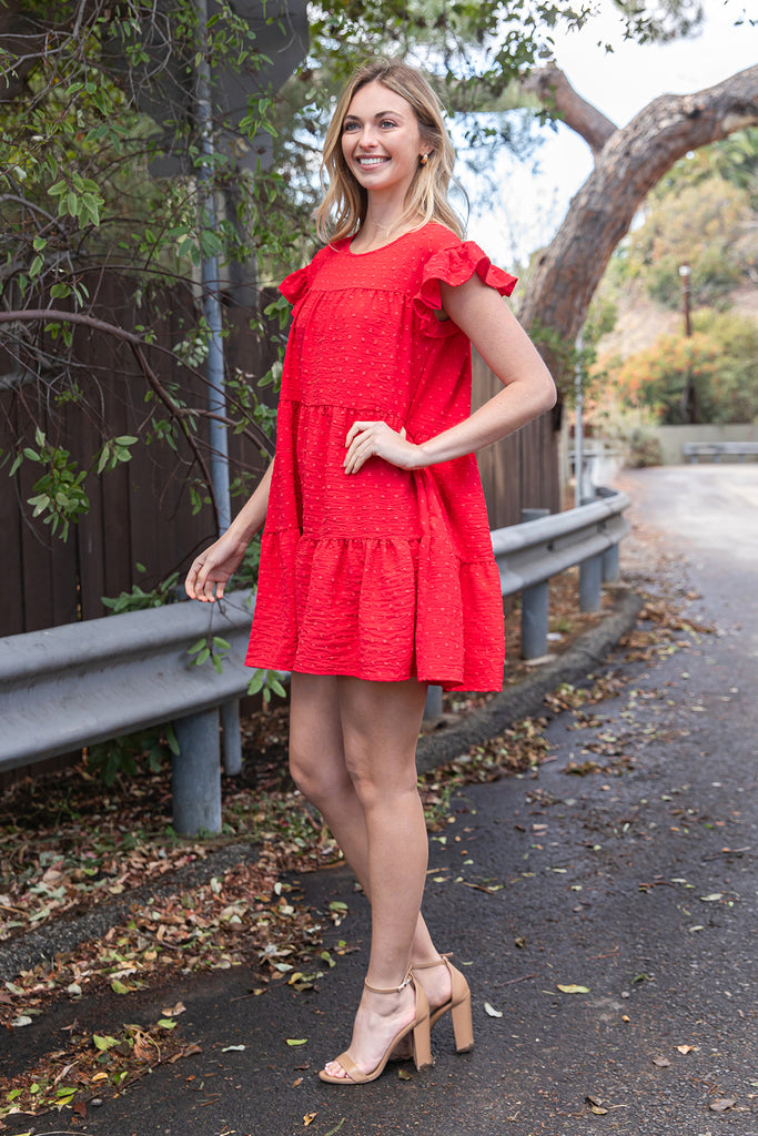 SWISS DOT RUFFLE SLEEVE TIERED DRESS