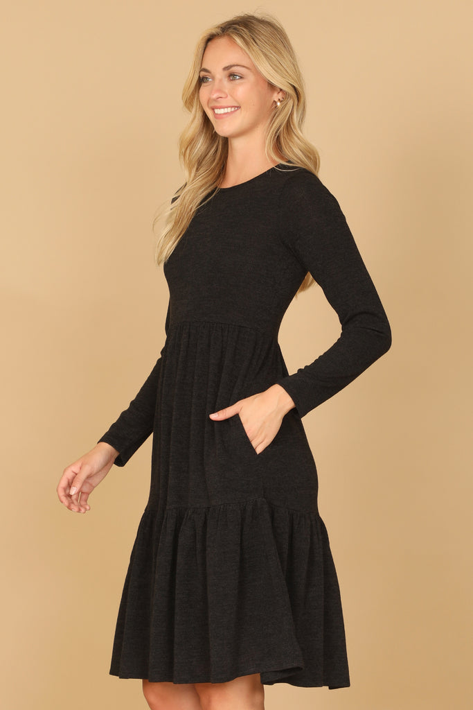 LONG SLEEVE ROUND NECK CHAMBRAY TIERED DRESS