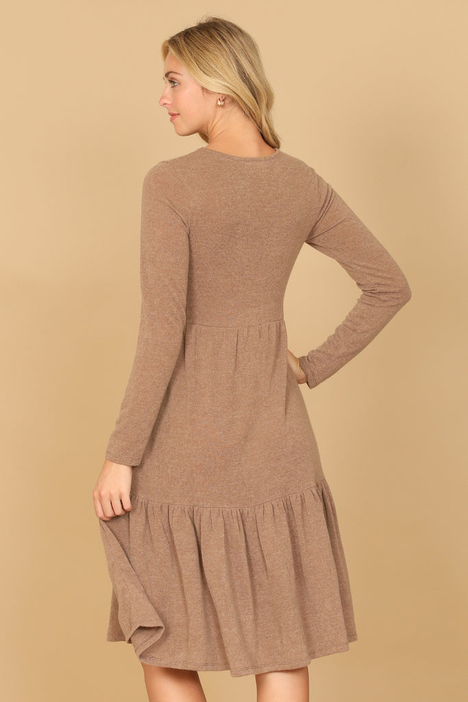 LONG SLEEVE ROUND NECK CHAMBRAY TIERED DRESS