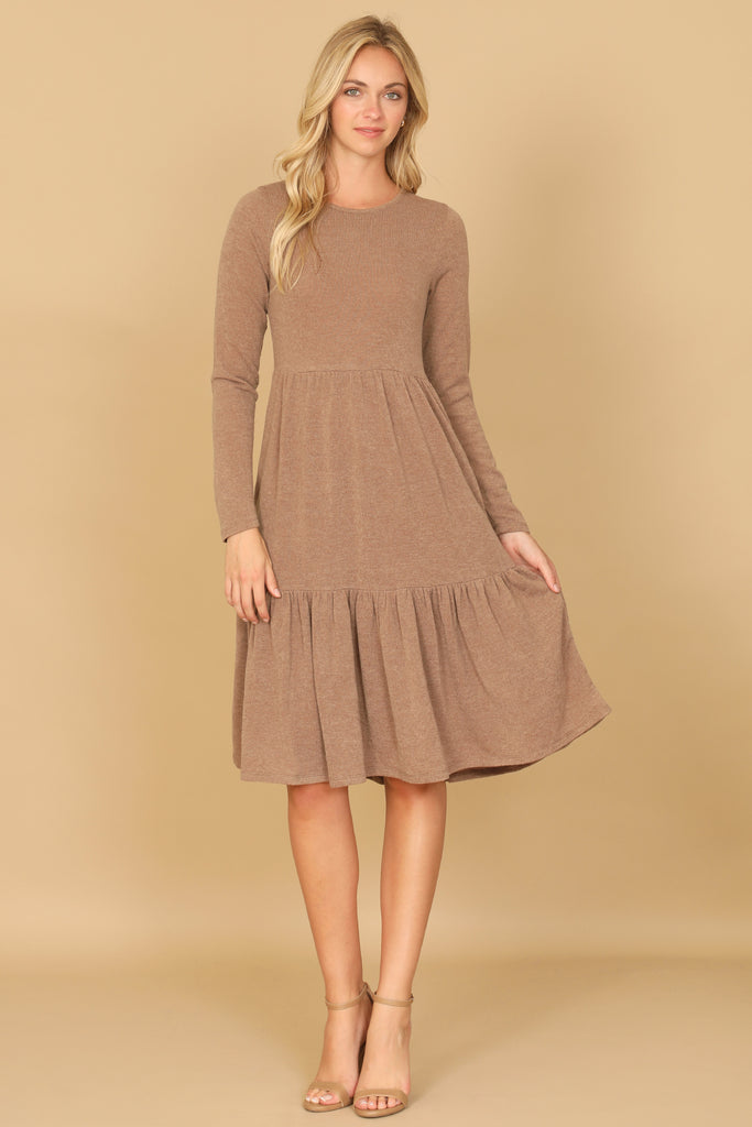 LONG SLEEVE ROUND NECK CHAMBRAY TIERED DRESS