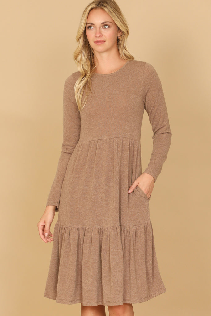 LONG SLEEVE ROUND NECK CHAMBRAY TIERED DRESS