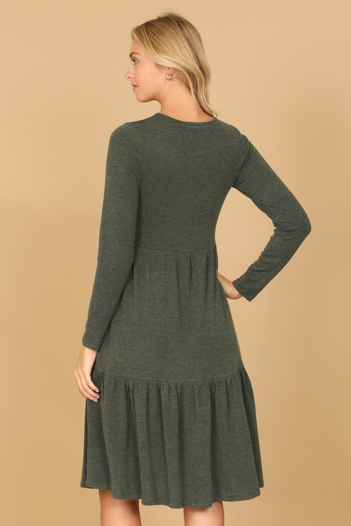 LONG SLEEVE ROUND NECK CHAMBRAY TIERED DRESS