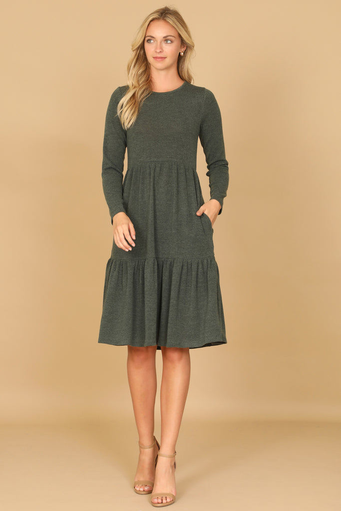 LONG SLEEVE ROUND NECK CHAMBRAY TIERED DRESS