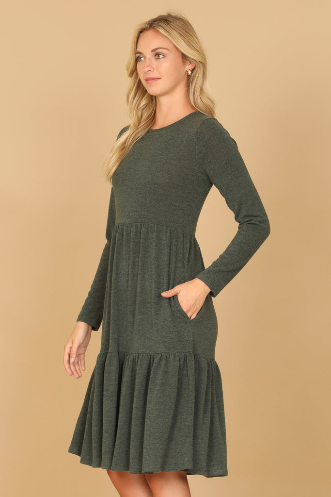 LONG SLEEVE ROUND NECK CHAMBRAY TIERED DRESS