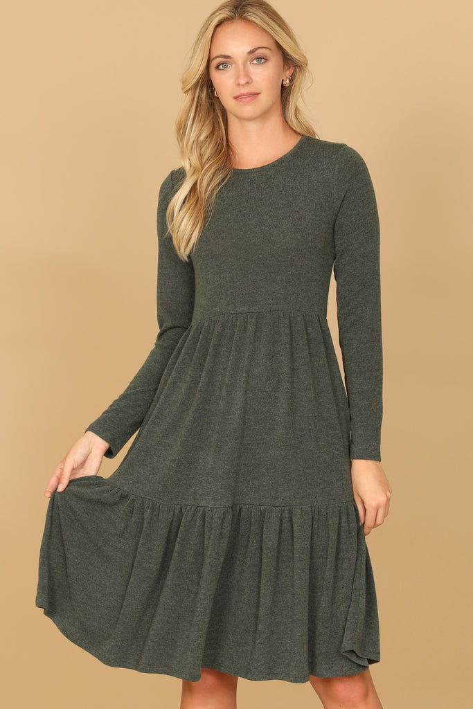 LONG SLEEVE ROUND NECK CHAMBRAY TIERED DRESS