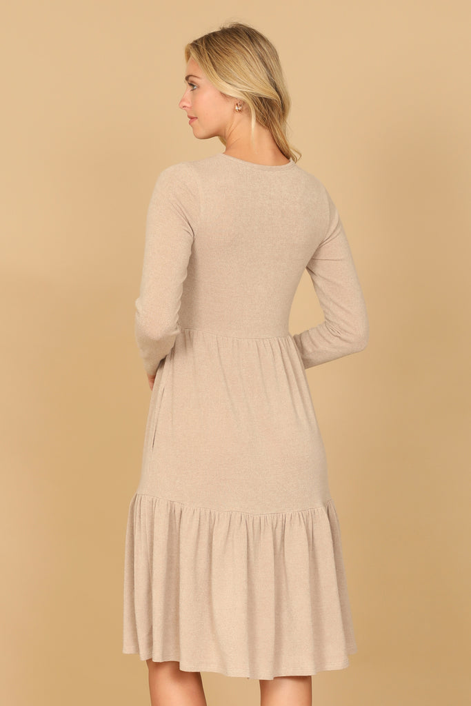 LONG SLEEVE ROUND NECK CHAMBRAY TIERED DRESS