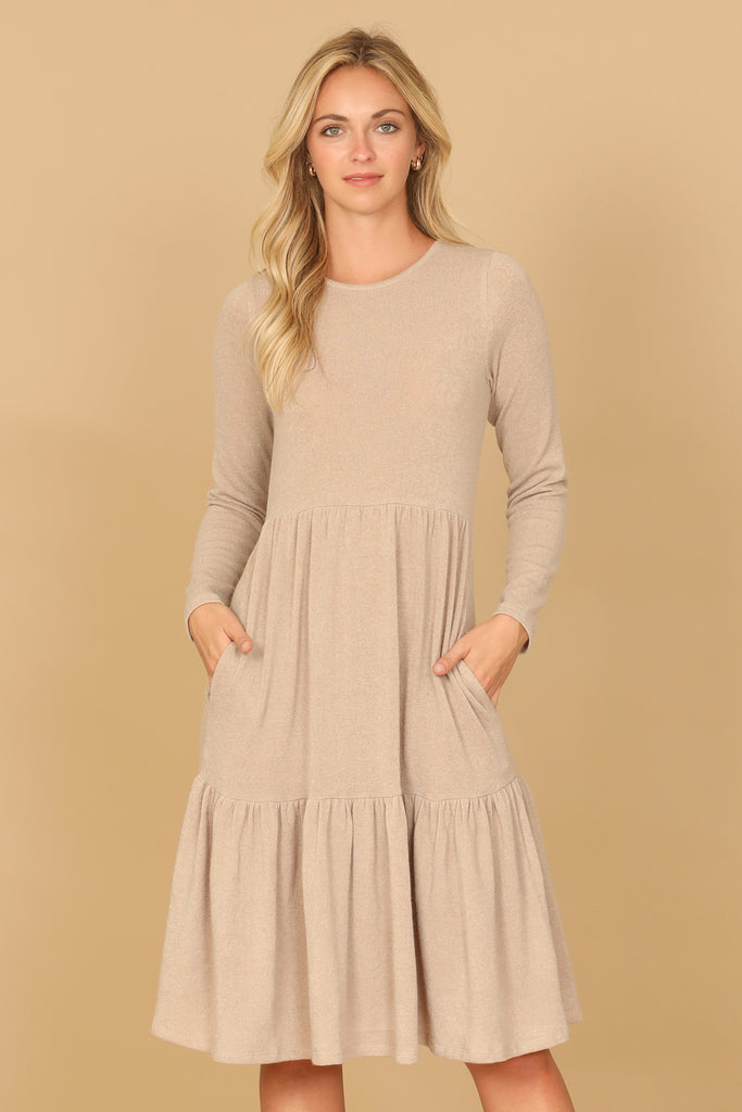 LONG SLEEVE ROUND NECK CHAMBRAY TIERED DRESS