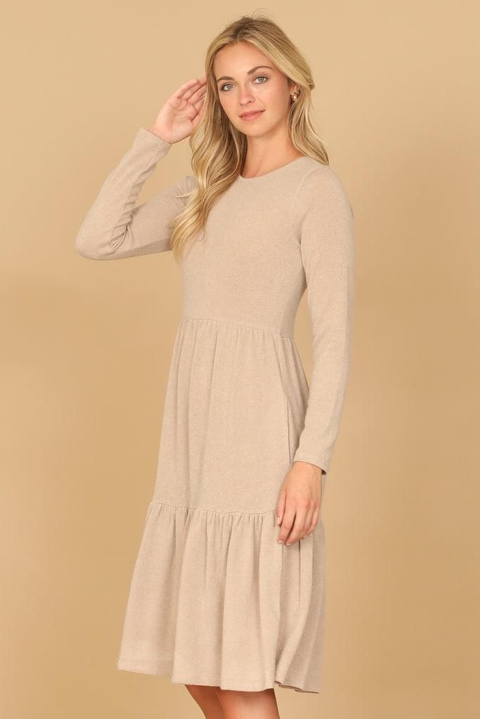 LONG SLEEVE ROUND NECK CHAMBRAY TIERED DRESS