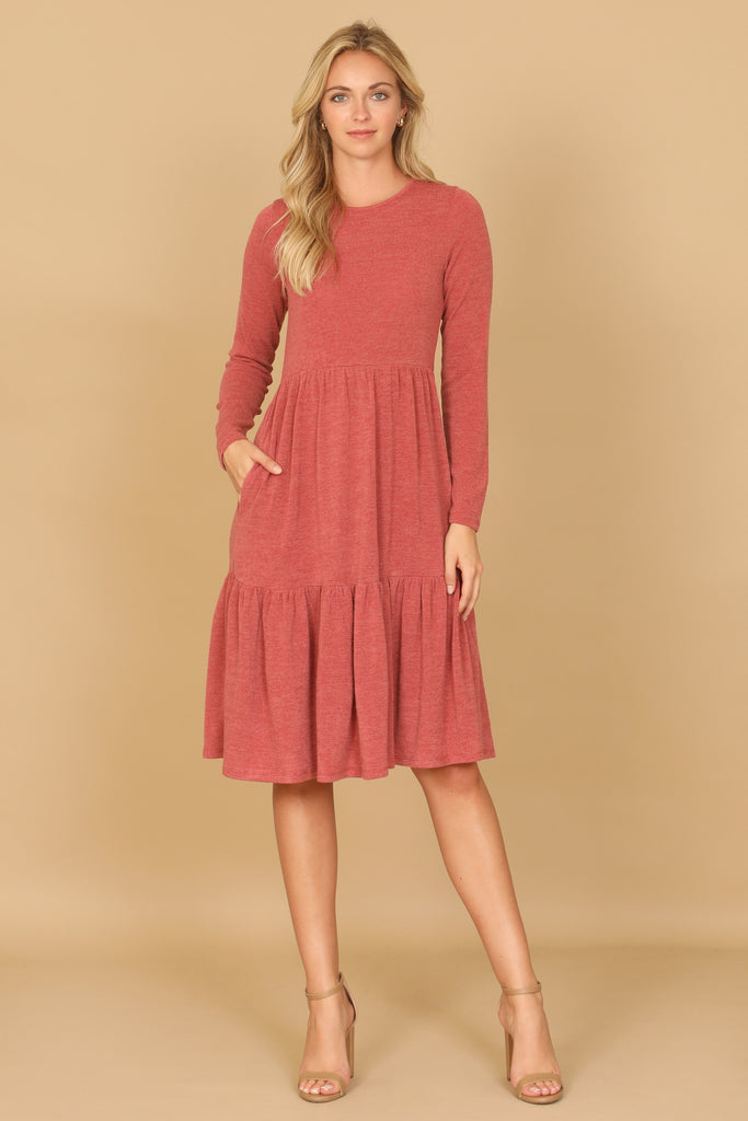 LONG SLEEVE ROUND NECK CHAMBRAY TIERED DRESS