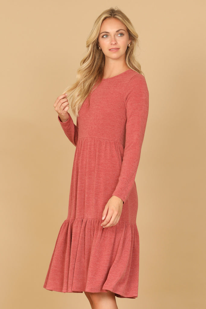 LONG SLEEVE ROUND NECK CHAMBRAY TIERED DRESS