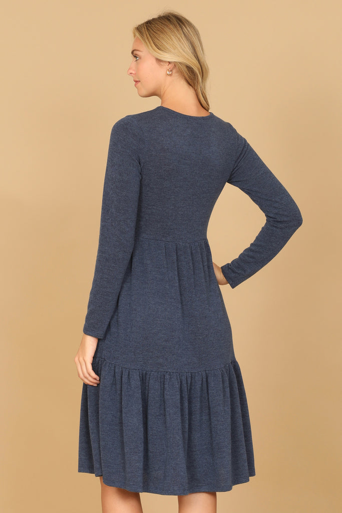 LONG SLEEVE ROUND NECK CHAMBRAY TIERED DRESS