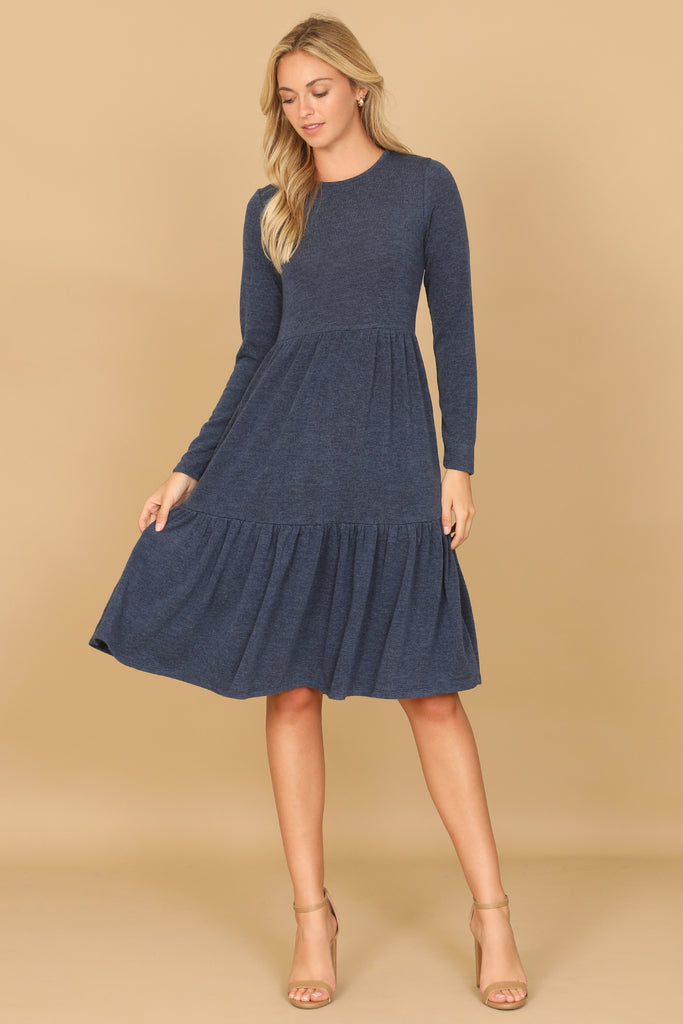 LONG SLEEVE ROUND NECK CHAMBRAY TIERED DRESS