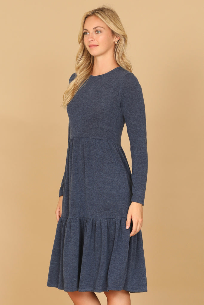 LONG SLEEVE ROUND NECK CHAMBRAY TIERED DRESS