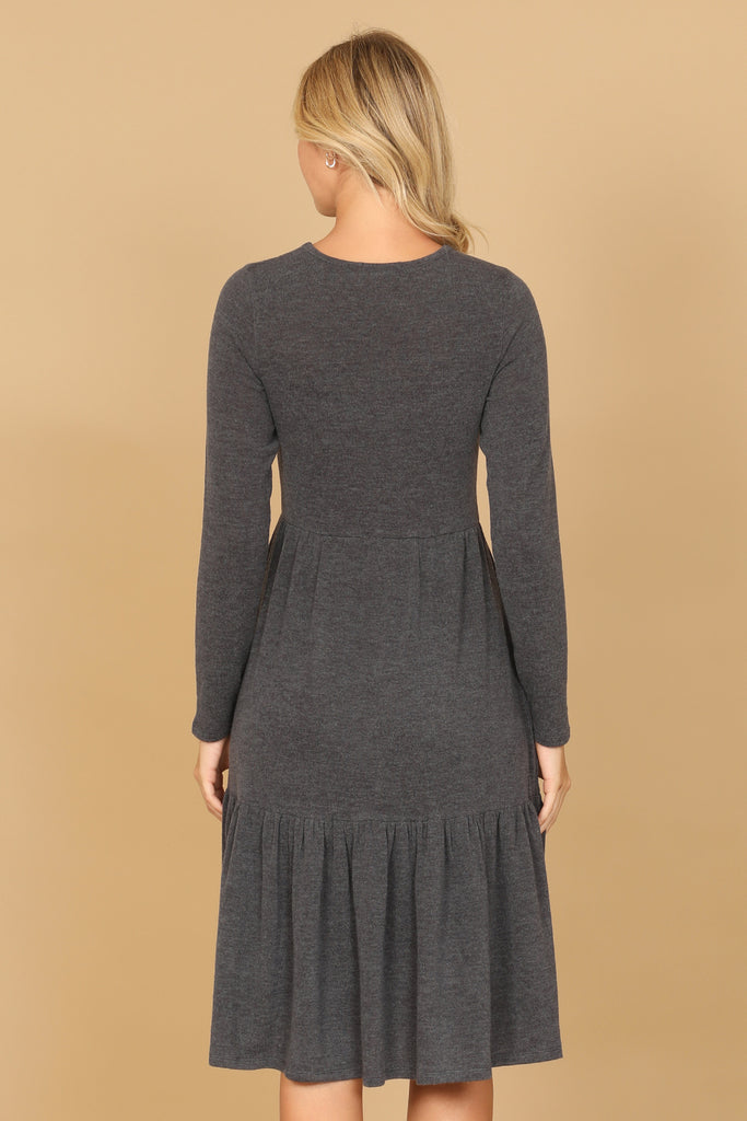 LONG SLEEVE ROUND NECK CHAMBRAY TIERED DRESS