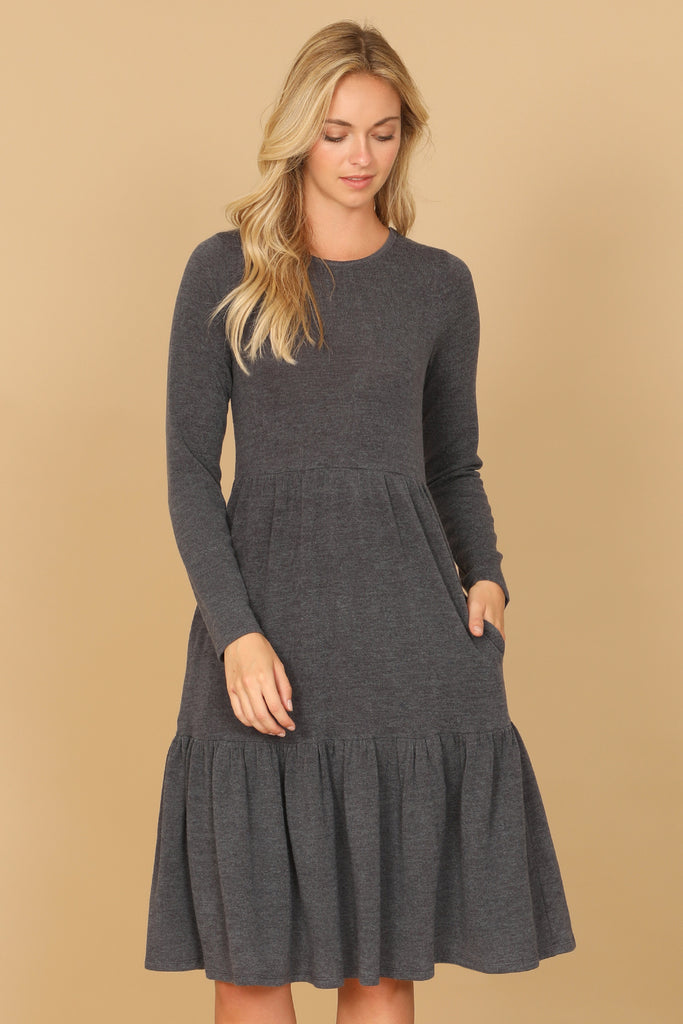 LONG SLEEVE ROUND NECK CHAMBRAY TIERED DRESS