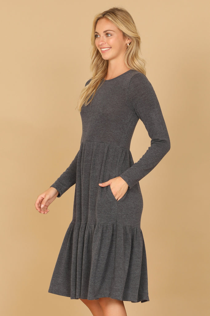 LONG SLEEVE ROUND NECK CHAMBRAY TIERED DRESS