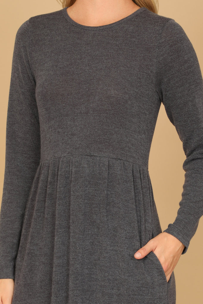 LONG SLEEVE ROUND NECK CHAMBRAY TIERED DRESS