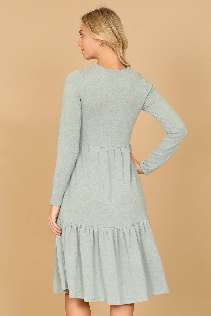 LONG SLEEVE ROUND NECK CHAMBRAY TIERED DRESS