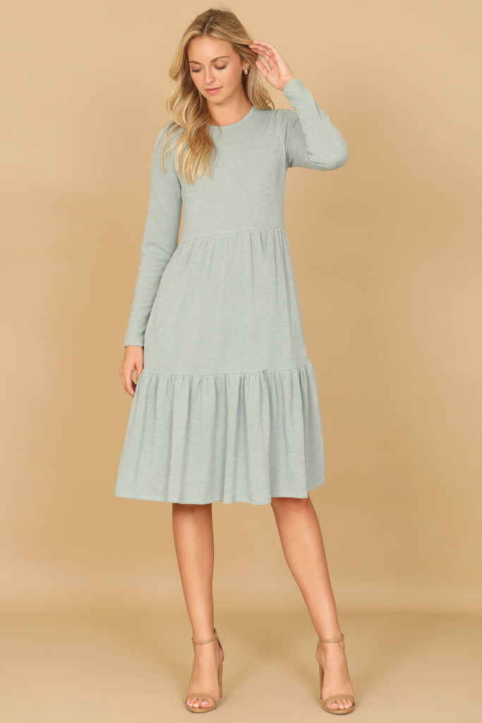 LONG SLEEVE ROUND NECK CHAMBRAY TIERED DRESS