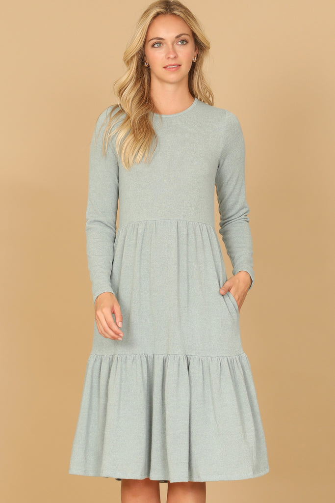 LONG SLEEVE ROUND NECK CHAMBRAY TIERED DRESS