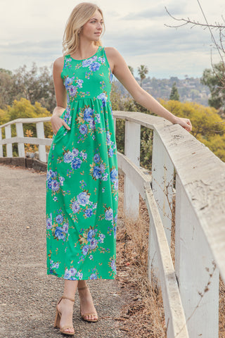 QUARTER PUFF SLEEVE V-NECK FLORAL MAXI DRESS