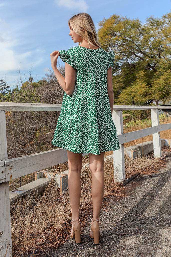 PEBBLE RUFFLE SLEEVE TIERED MINI DRESS