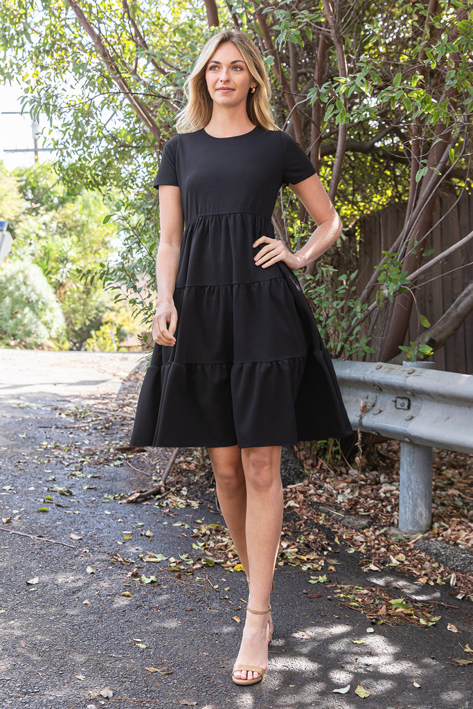 SHORT SLEEVE SOLID TIERED DRESS