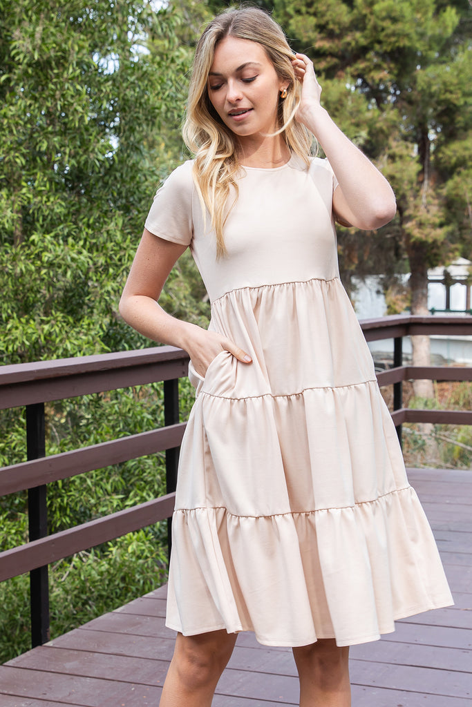 SHORT SLEEVE SOLID TIERED DRESS