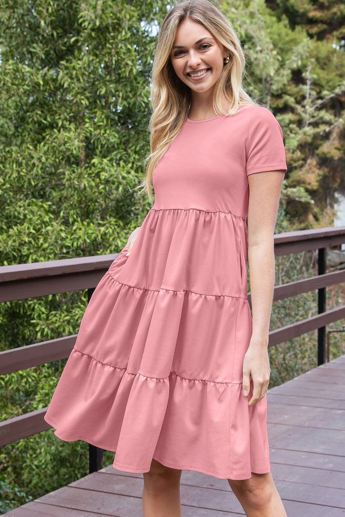 SHORT SLEEVE SOLID TIERED DRESS