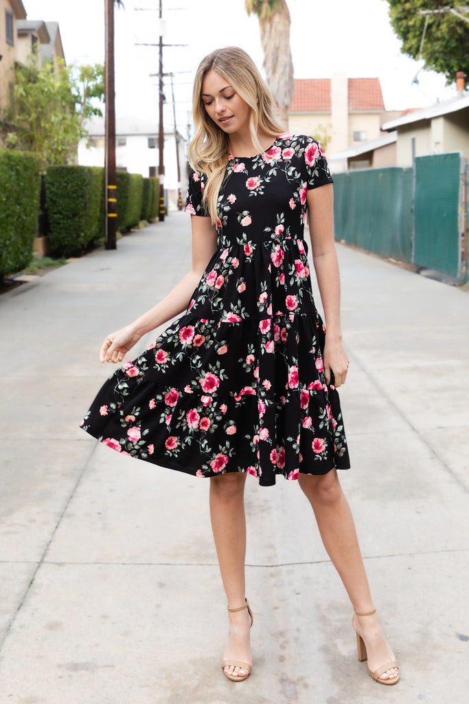 FLORAL SHORT SLEEVE A-LINE TIERED DRESS