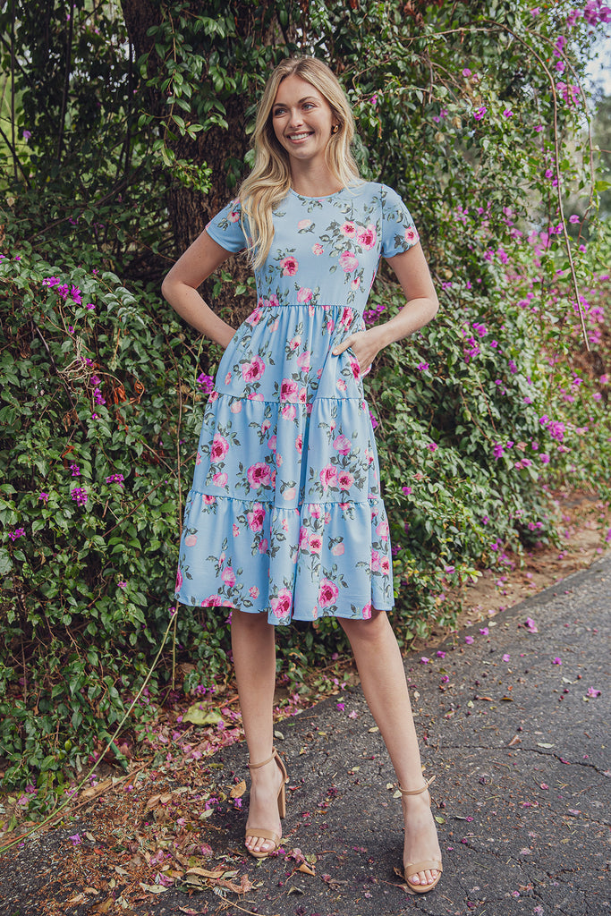 FLORAL SHORT SLEEVE A-LINE TIERED DRESS