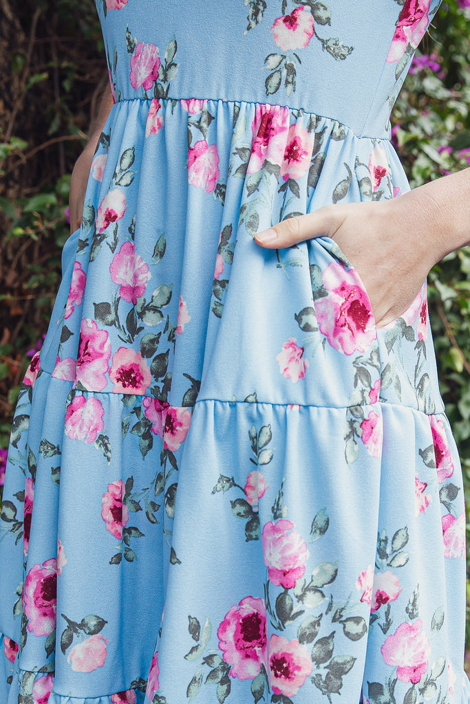 FLORAL SHORT SLEEVE A-LINE TIERED DRESS