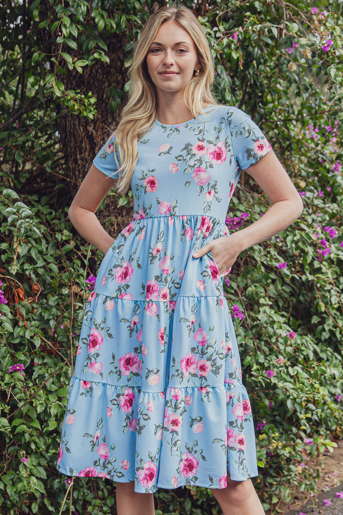 FLORAL SHORT SLEEVE A-LINE TIERED DRESS