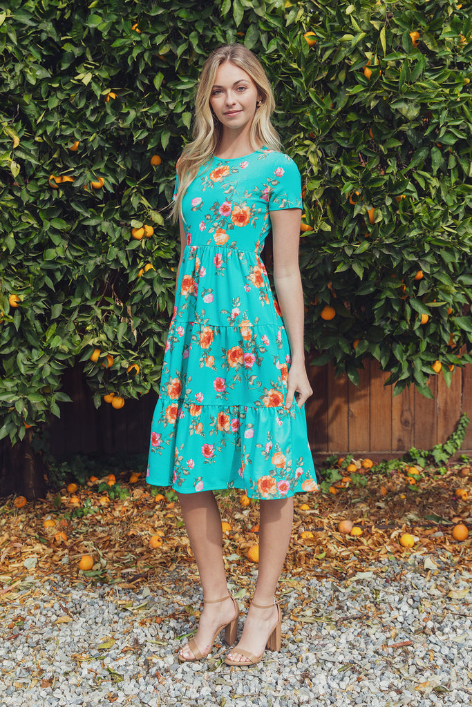 FLORAL SHORT SLEEVE A-LINE TIERED DRESS