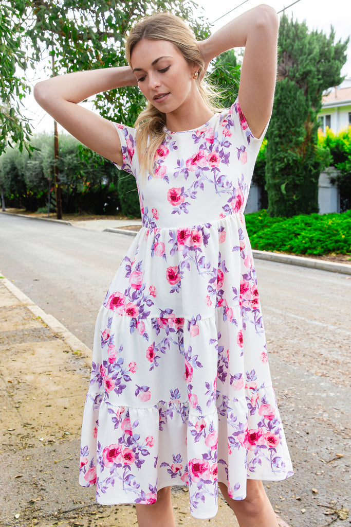 FLORAL SHORT SLEEVE A-LINE TIERED DRESS