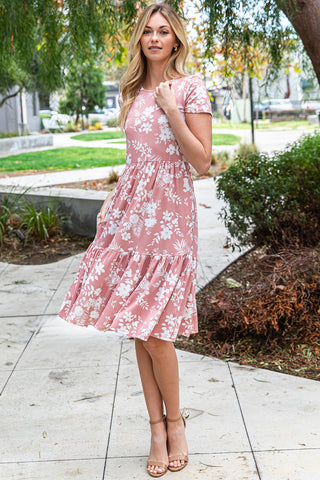 Floral Half Sleeve Button Top Smocked Ruffle Hem Skirt