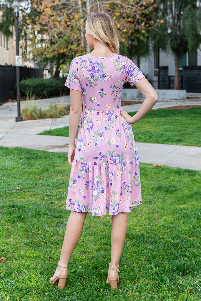 SHORT SLEEVE FLORAL KNEE LENGTH TIERED DRESS