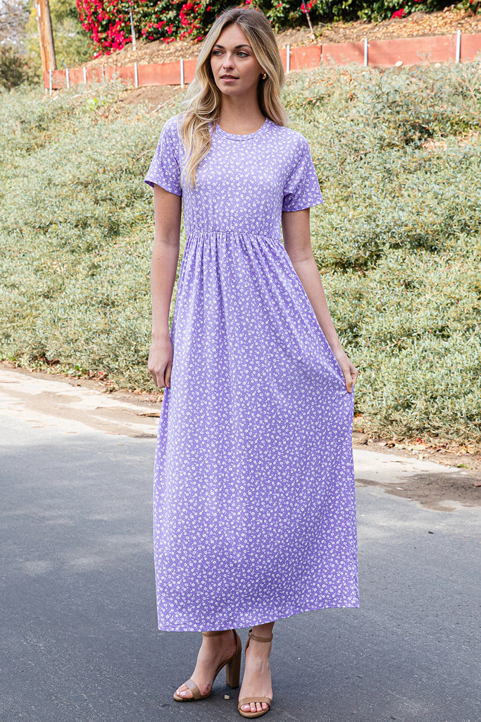 SHORT SLEEVE DITSY FLORAL ELASTIC WAIST MAXI DRESS