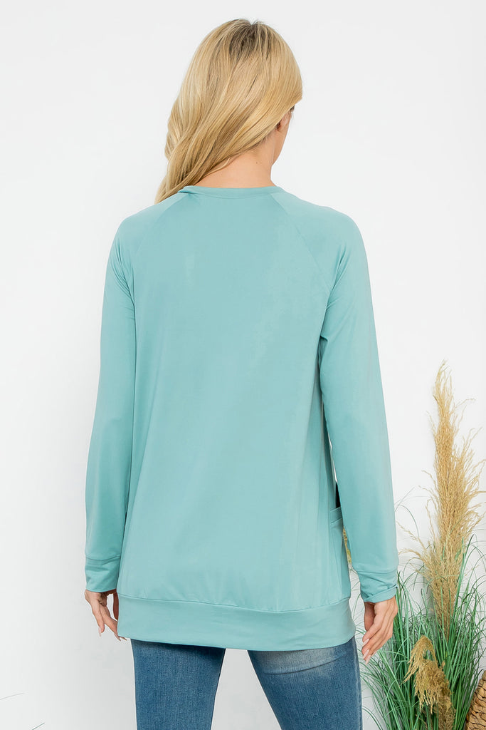 Solid Long Sleeve Front Pocket Top