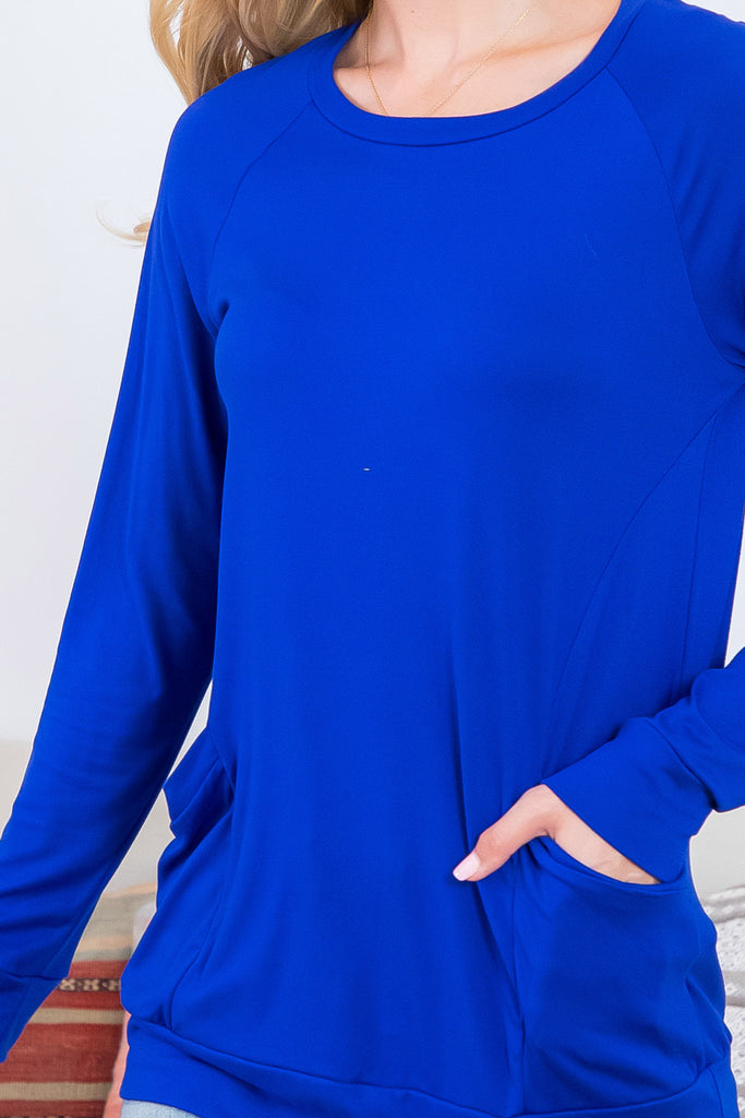 Solid Long Sleeve Front Pocket Top