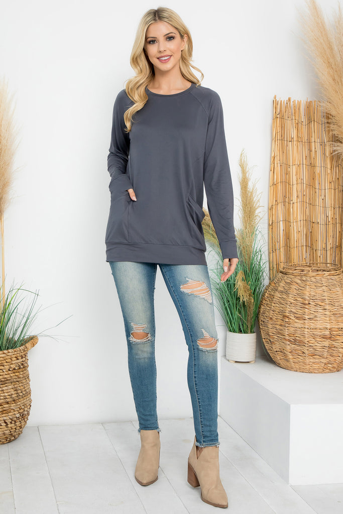 Solid Long Sleeve Front Pocket Top