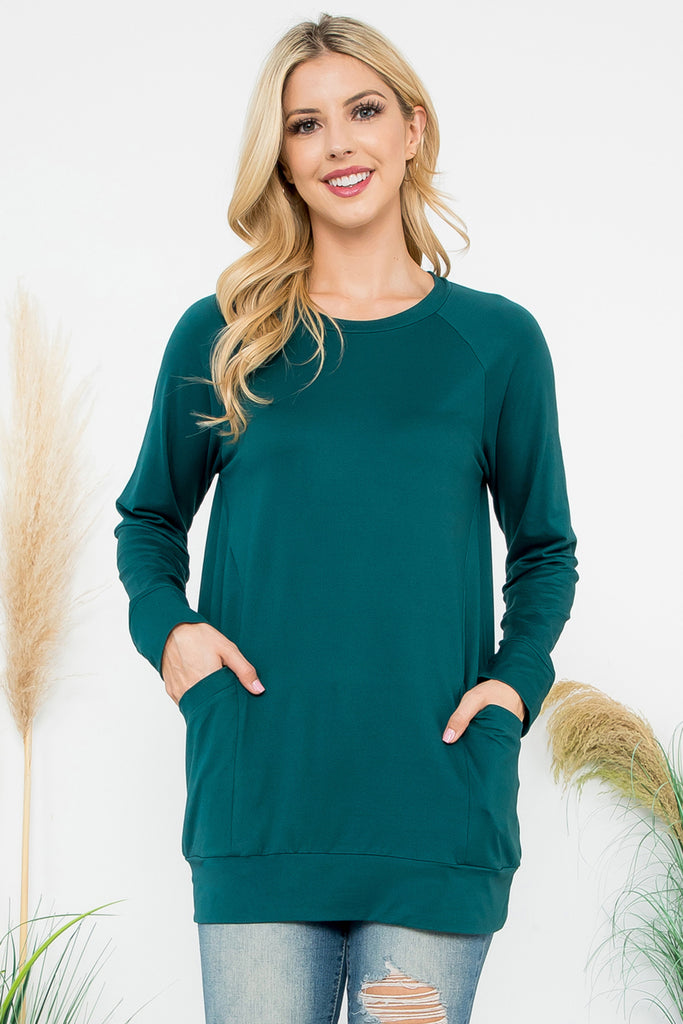 Solid Long Sleeve Front Pocket Top