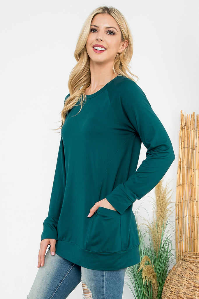 Solid Long Sleeve Front Pocket Top