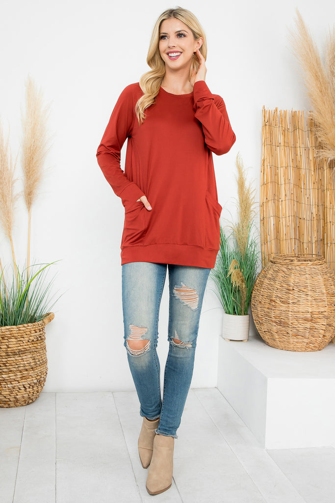 Solid Long Sleeve Front Pocket Top